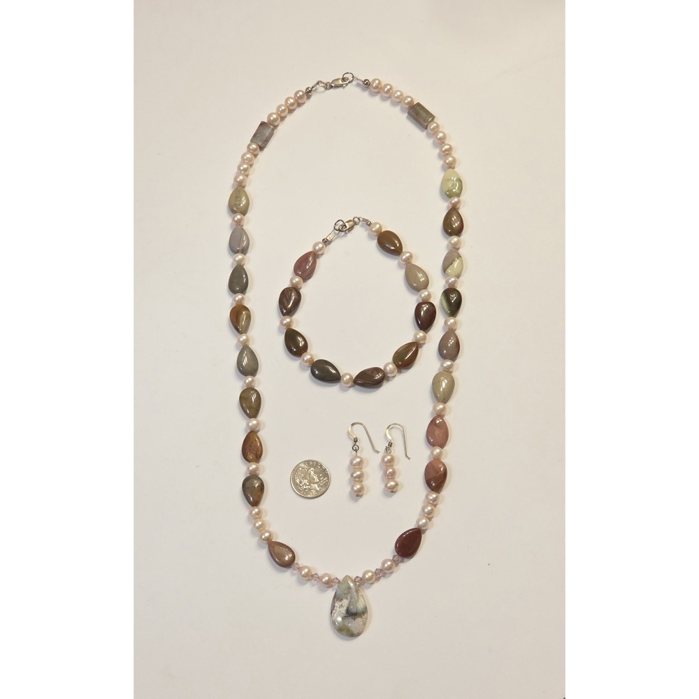 Unique Pearl & Polished Agate Jewelry Set Sterling Silver Clasps 23" & 8.5"